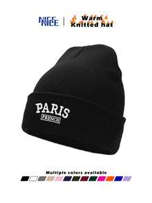 1件裝 男士 PARIS FRENCH 刺繡秋冬針織毛帽，時尚中性 Y2K 無邊帽，防風保暖戶外帽 - A - 查看 1