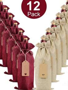 6/12pcs Drawstring Wine Bottle Gift Bags, Reusable, Includes Tags, Suitable For Birthday Party, Wedding, Christmas, New Year Decoration Party Supplies - Multicolor - View 12