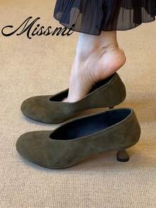 Women's 2025 New Chunky Heel Pumps V-Cut High Heels Square Toe Retro Granny Shoes Spring Witch Shoes - Army Green - View 2