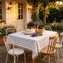 1pc White Grid Pattern Tablecloth With Tassel Trim, Washable Country Style Dining Tablecloth, Suitable For Dining, Kitchen Gatherings, Home Decor And More - White - View 3