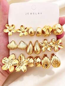 6/18PCS Fashion Gold Metallic Earring Set, Flower Shell Water Drop C-Hoop Geometric Multi-Element Women's Fashion Earring Set, Daily Wear, (Lightweight CCB Material, Non-Fading/No Dropping Sensation) - Gold - View 3
