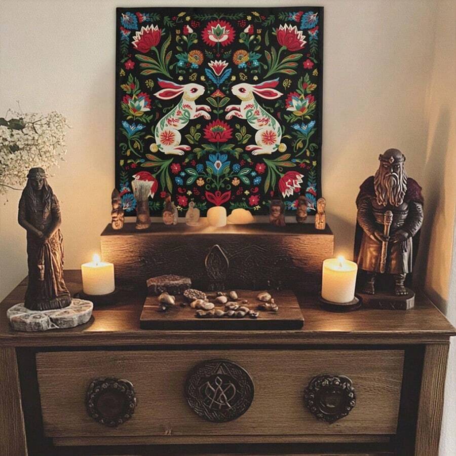 1pc Folk Art Dual Rabbit Tarot Cloth, Bohemian Floral Altar Mat, Vintage Divination Tablecloth, Mystic Spiritual Home Decor Tapestry - Black - View 1