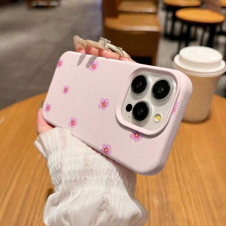 1pc Pink Flower Aesthetic Pattern Matte Lychee Texture Full Coverage TPU Shockproof Fashion Phone Case Suitable For IPhone11/12/13/14/15/16/17/18promax/Plus/7/8/Xr Anti-Shock Protective Cover - Pink - View 5