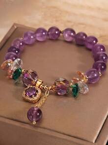 1pc Natural Amethyst Beaded Bracelet, Niche Design Colorful Crystal Pendant Bracelet, Vintage Style Women's Hand Accessory - Multicolor - View 2
