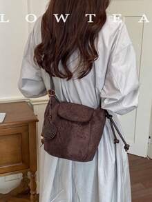 low tea 1pc Small Bucket Suede Fabric Shoulder Bag Suitable For Commuting, Shopping, Etc. (With Pendant) - Coffee - View 10