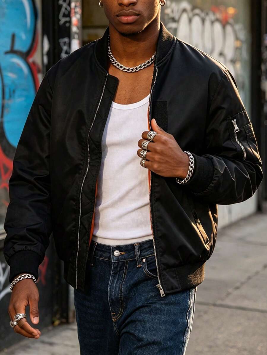 Men's Orange Lining Flight Jacket, Multi-Pocket With Arm Pocket Zipper Ribbed Collar Fashion Casual Outerwear, Suitable For Spring And Autumn Wear - Black - View 1