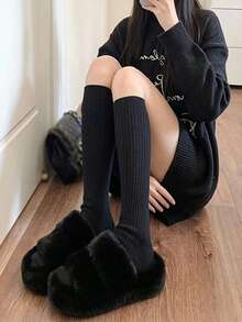 3 Colors Women's Classic Versatile Ribbed Loose Mid-Calf Socks, Solid Color Soft Knit Socks, Comfortable Ballet Style Preppy Casual Socks For Autumn/Winter - Multicolor - View 3
