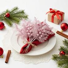 10pcs Mixed Simulation Pink Pine Needles And Shiny Berries Stem - Glossy Surface, Exquisite Christmas Branches, For Holiday Decorations, Wreaths, Vase Centerpieces, Seasonal Tabletop Decor, Festive Table Additions, Perfect For Christmas Tree - Multicolor - View 4