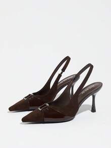 Women's High Heel Pumps, Pointed Toe Heels, Fashion Versatile Buckle Stiletto Heels, Slingback Buckle Slip-On Shallow Cut Sandals - Brown - View 7
