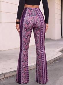 Bohemian Style Knitted Fabric Women's High Waist Flare Leg Pants, Paisley Print, Medium Stretch - Purple - View 5