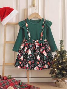 Young Girls Christmas Girls' Holiday Style Contrast Color Ruffle 2 In 1 Pinafore Dress, Autumn/Winter Long Sleeve Cute Bow Decor Round Neck Christmas Tree Santa Claus Gift Box Bow Candy Cane Bell Print A-Line Dress - Dark Green - View 5