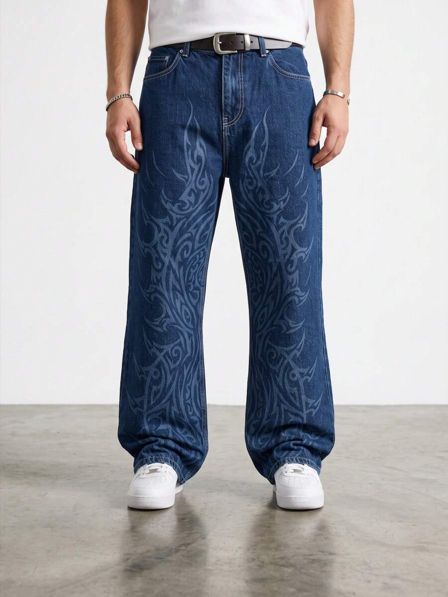 Men's Flame Print Comfortable Baggy Pants - Navy Blue - View 1