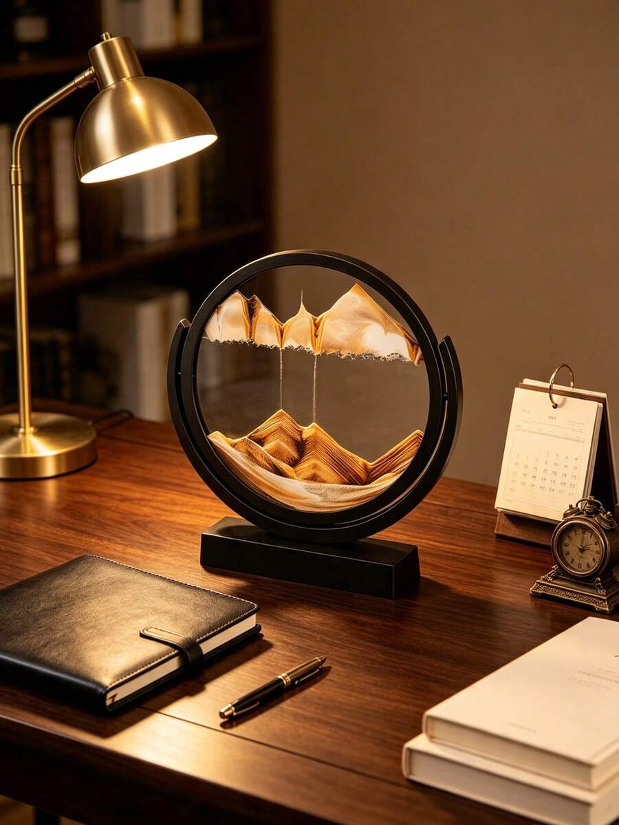 Dynamic 3D Quicksand Art Decorative Round Glass Mountain Landscape Desktop Ornament, Each Gentle Rotation Of The Frame Reveals A New 3D Sand Pattern, Rotating Stand Supports Free Angle Adjustment, Flip Timer Sand Painting, Suitable For Home Decor, Art Collection, Housewarming Gift, Office Desk Decoration, Birthday And All Holiday Creative Gifts