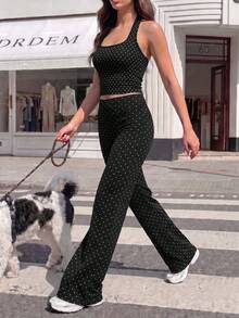 Women's 2 Pieces Set: Polka Dot Halter Top & Flare Pants, Slim Fit Y2K Style Casual Sports Outfit, Suitable For Girls - Black and White - View 4