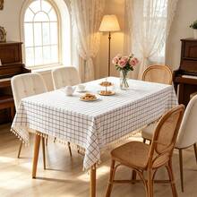 1pc White Grid Pattern Tablecloth With Tassel Trim, Washable Country Style Dining Tablecloth, Suitable For Dining, Kitchen Gatherings, Home Decor And More - White - View 4
