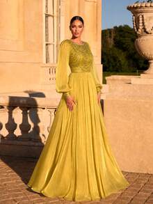 UNITHORSE [Random Cut]Round Neck Lantern Sleeve Cinched Waist Sequin Patchwork Faux Evening Dress - Yellow - View 5