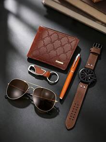3/5PCS Men's Business Casual Watch Gift Set, Calendar Watch + Keychain + Pen + Brown Glasses + Embossed Wallet, Perfect Gift For Daily Wear And Gifting - Mouldless - View 7