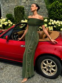 UNITHORSE [Random Cut] Off Shoulder Cinched Waist Sequin Evening Dress - Olive Green - View 5