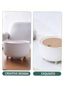 Cute Round Desktop Trash Can With Press Lid Set, Wood‑Grain Cover Small Tabletop Waste Bin,Trash Can,Back To School,Halloween,National Day,Christmas, Decorative Countertop Garbage Bin For Desk, Bedroom, Kitchen - View 7