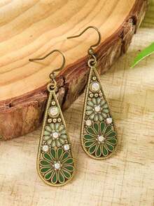 1 Pair Vintage Floral Teardrop Earrings, Bohemian Green Enamel Flower Pendant Earrings, Unique Exaggerated Earrings, Party Holiday Gift Jewelry - Floral Earrings - View 4