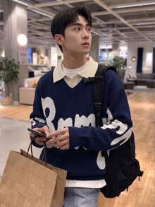 Áo len nam 2 trong 1 màu xanh navy cổ bẻ, dệt jacquard họa tiết chữ, cổ chữ V, dáng rộng vai trễ, áo chui đầu dệt kim phong cách thường ngày - Màu xanh lam - Xem 3