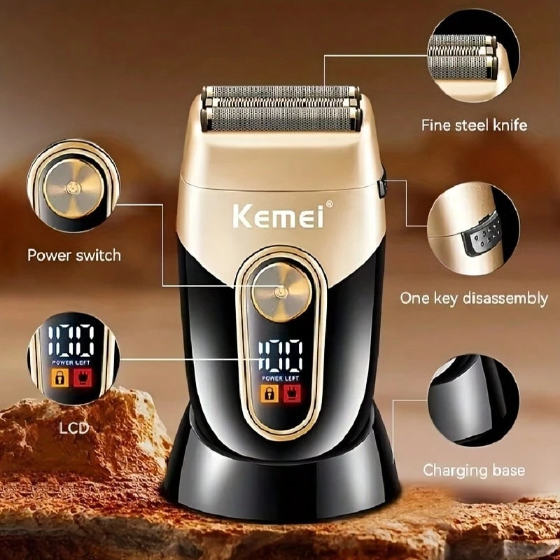 Kemei KM-3209 Electric Shaver Double-Layer Reciprocating Razor Daily Men's Beard Shaver With Charging Base Dry And Wet Use USB Rechargeable Powerful Shaver Men's Birthday Gift