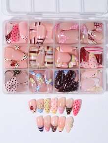 30pcs-long-almond-shape-french-press-on-nails-polka-dot-stripe