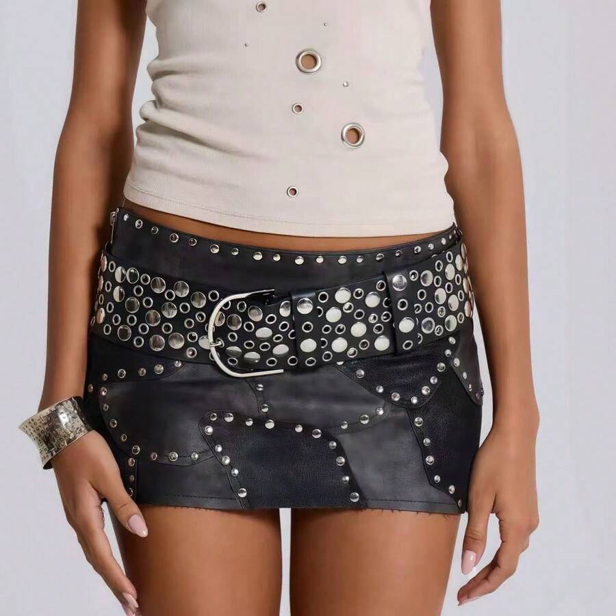A Wide Punk Rivet Eyelet Belt, Irregular Y2K Millennium Hot Girl Light Subculture Outfit Leather Belt, Versatile - Multicolor - View 1