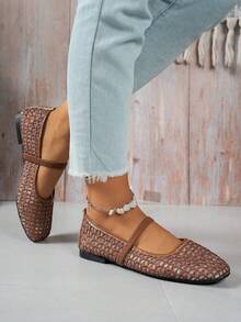 Square Toe Mesh Hollow Out Elastic Strap Mary Jane Flat Breathable Thin Ballet Style Shoes - Brown - View 4