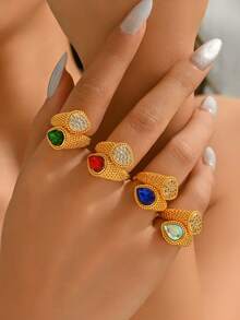 1pc Vintage Woven Pattern Copper Material Inlaid Colorful Teardrop Zirconia Open Ring, Women's Evening, Wedding, Party, Holiday Gift Accessory - Multicolor - View 7