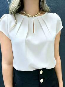 1pc Elegant Short Sleeve Solid Color Woven Fabric Pleated Decor Women's Top, Suitable For Vacation, College, Home, Dating, Spring And Summer Wear - White - View 2