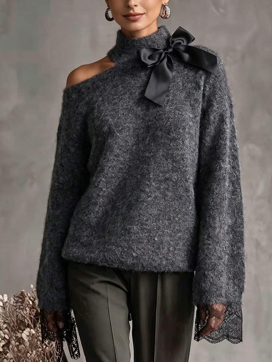 2026 Autumn/Winter New Women's Grey Bow Design Cold Shoulder Pullover Sweater, Party Outfit, Commute Wear, Birthday Outfit, Outing Sweater, Date Night Essential, Thanksgiving Top, Back To School Knit Top - Dark Grey - View 1