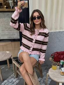 Joy Knit 女款秋冬針織開襟衫 時尚新款 基礎上衣 優雅條紋休閒極簡風 多鈕扣袖口下擺荷葉邊圓領 適合辦公穿搭 外出上衣 派對 新年 生日 海灘 節慶 - 粉紅棕 - 查看 4