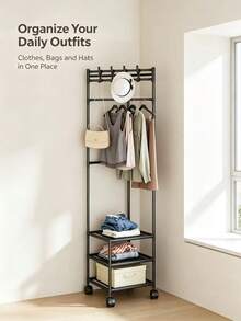 Mobile Garment Rack With Wheels, Multi‑Functional Metal Clothes Stand With Top Hooks & 3‑Tier Storage Shelves, Freestanding Clothing Organizer For Bedroom Entryway - View 4