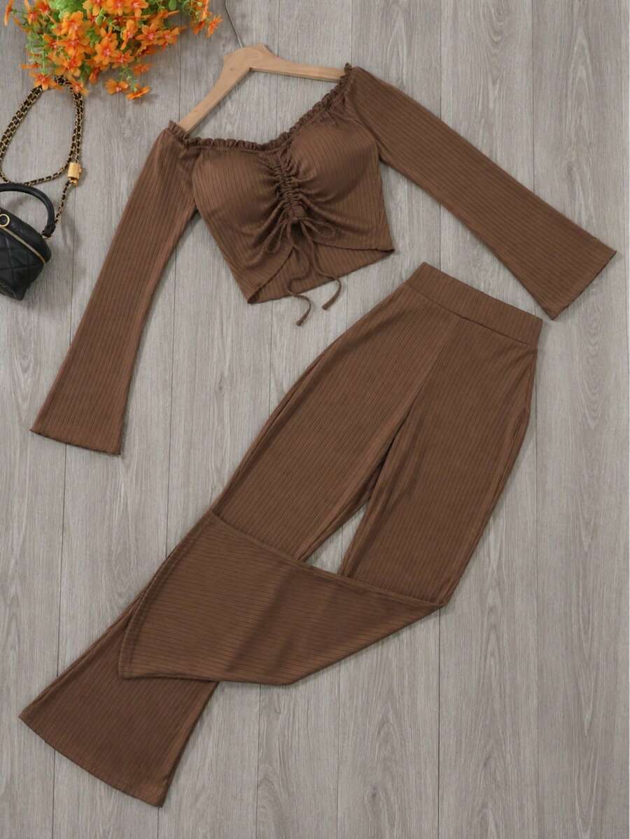 Women's Ribbed Open Shoulder Cropped Top And Flare Pants 2 Pieces Set - Casual Elegant Autumn Lightweight Stretch Outfit - Coffee Brown - View 1