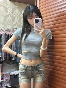 YEAE | Women's Low Waist Vintage Washed Denim Shorts With Belt Y2 Casual Summer - Medium Wash - View 7