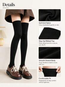 1 Pair Women's Solid Black Over-The-Knee Socks, Soft Stretch Knit Thigh High Socks With Ribbed Cuff For Daily Wear - Black - View 4