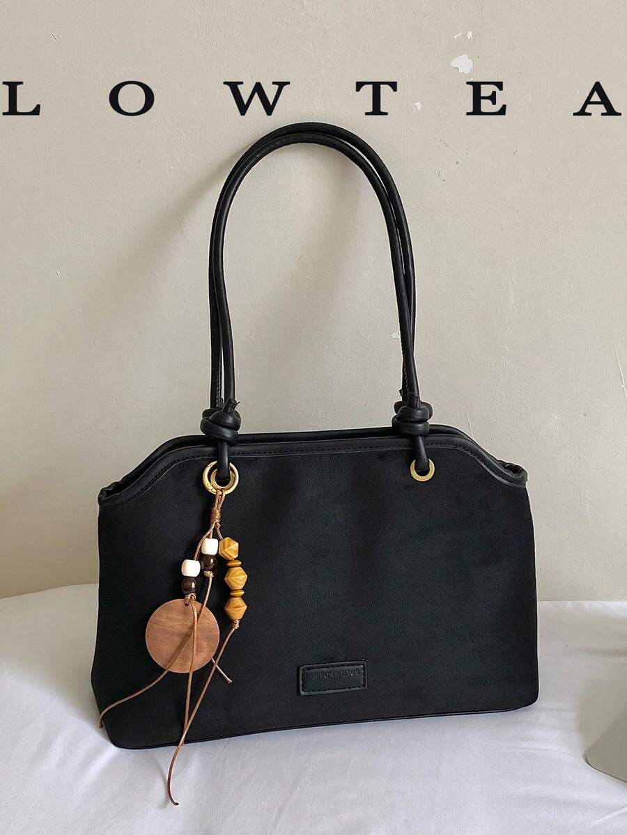 Low Tea 1件純色啞光PU布料單肩包，女款復古時尚休閒單肩包，雙手柄設計，拉鍊開合，適合日常出行、約會、通勤（含吊飾）