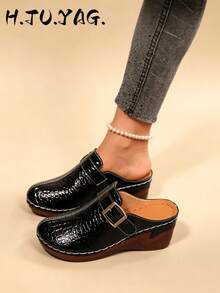 Women's Fashion Minimalist Lightweight Slip-On Non-Slip Comfortable Solid Color Plain Buckle Wedge Heel Thick Sole Loafers - Black - View 1