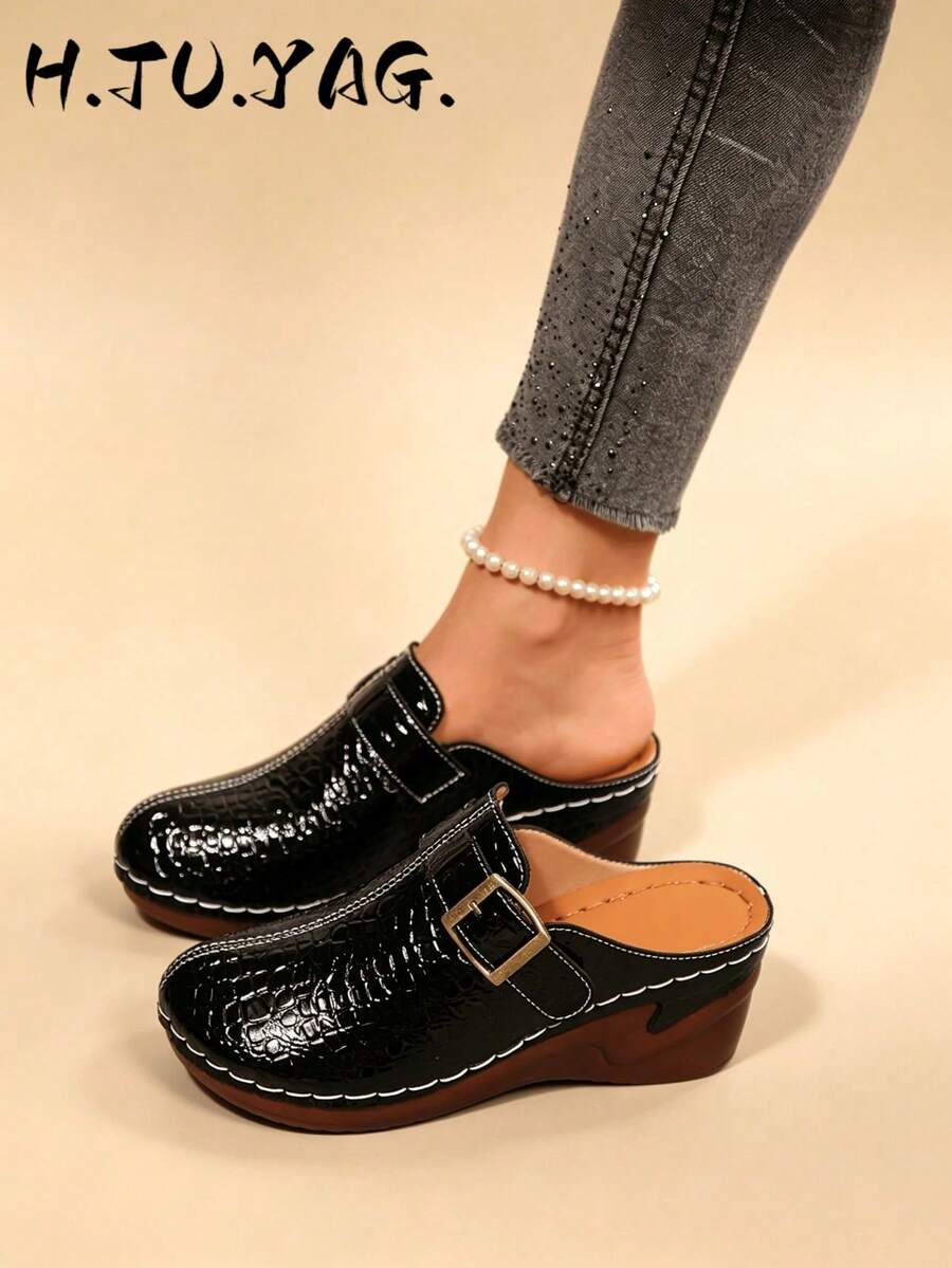 Women's Fashion Minimalist Lightweight Slip-On Non-Slip Comfortable Solid Color Plain Buckle Wedge Heel Thick Sole Loafers - Black - View 1