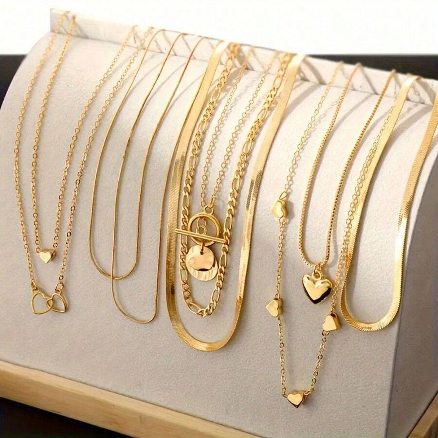 10 piezas Collar plano multicapa bohemio, conjunto de collares apilados con colgante de corazón de moda, accesorio diario, estilo hip-hop (sin caja) YV86 - Dorado - Ver 1
