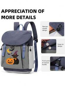 myco bags Unisex Portable Backpack, Halloween Pattern, Durable Polyester, Sturdy Zipper, Adjustable Shoulder Straps, 2D Print, Essential For Outings, Fashionable Student School Bag | Spacious And Convenient, New Back-To-School Bag, Suitable For Commuting, Travel, Casual, College Daily Wear - Multicolor - View 7