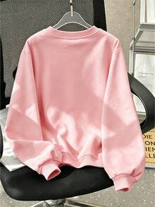 Girls' Round Neck Pullover Sweatshirt, Printed With Shiny Black Bow Pattern, Sweet Style Loose Fit, Suitable For Spring And Autumn - Pink - View 4