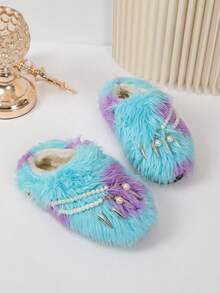 Women's Blue & Purple Colorblock Long Fur Mule Closed-Toe Slippers, Pearl Chain With Stud Rivets And Pearl Pendant Decor, No Back - Blue - View 2