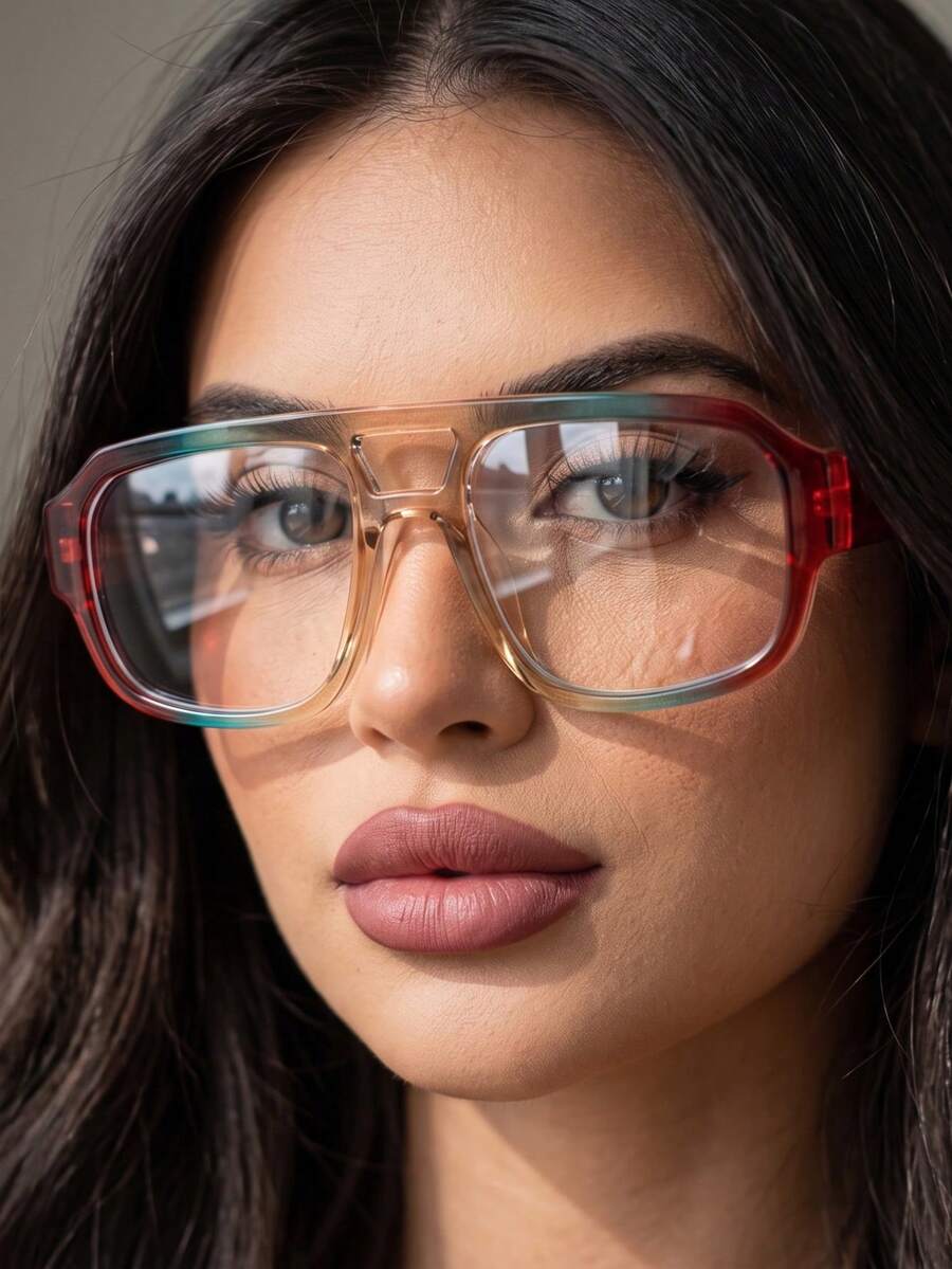 1 Pair Women's Large Frame Double Bridge Macaron Color Fashion Non-Prescription Glasses - Red and Blue Tea - View 1
