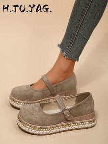 Women's All Season New Rivet Decor Bohemian Style Thick Sole Buckle Closed Toe Low Shaft Breathable Comfortable Casual Elegant Flat Sandals - Light Khaki - View 1