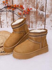 Women's Solid Color Faux Suede Thick Sole Short Snow Boots, Geometric Embroidered Collar With Contrast Stitching Detail - Khaki - View 1