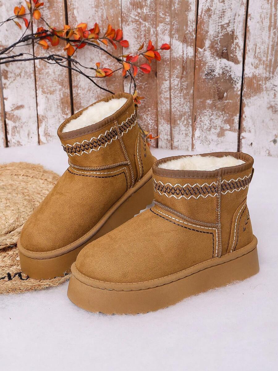 Women's Solid Color Faux Suede Thick Sole Short Snow Boots, Geometric Embroidered Collar With Contrast Stitching Detail - Khaki - View 1
