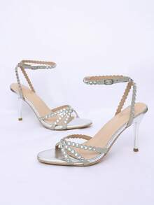 Women's Round Toe Open Toe Stiletto Heel Sandals, Shiny Rhinestone Decor Buckle High Heels, Silver Bridal Wedding Party Sandals - Silver - View 5