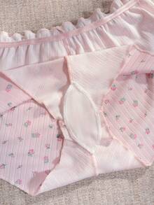 3pcs Ditsy Floral Ribbed Knit Wavy Edge Mid-Waist Panties, Cute Soft Breathable Women's Hipster Underwear Set - Multicolor - View 7